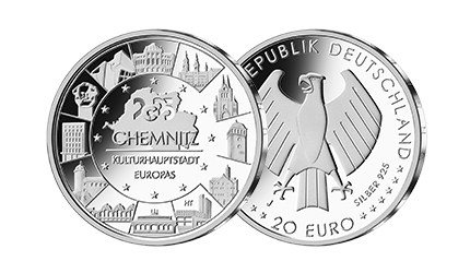 Bild- und Wertseite 20 Euro Silbermünze Chemnitz 2025